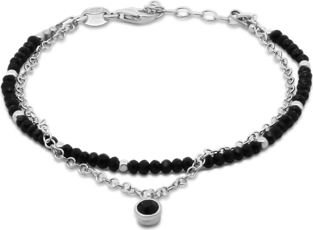 New Bling 9NB-1359 Silberarmband mit Kristallsteinen - Doppelarmband - 2-in-1 - Perlen - 3mm - Kettenglied - Anhänger - 5.5mm - 17+3cm - Rhodium -...