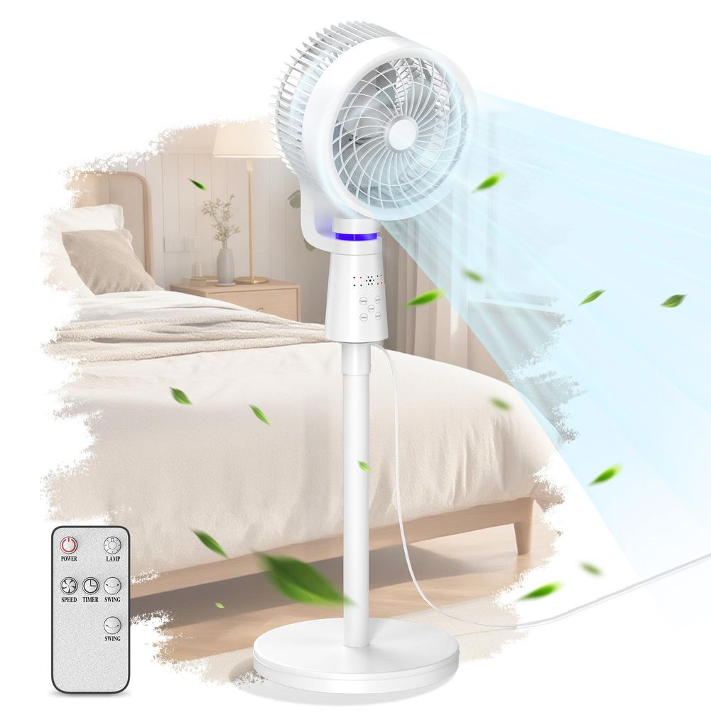 LZQ Standventilator leise mit Fernbedienung, 3 Stufen, 2-fach Oszillation, Timer, Bodenventilator für Schlafzimmer, Wohnzimmer & Büro, Weiß