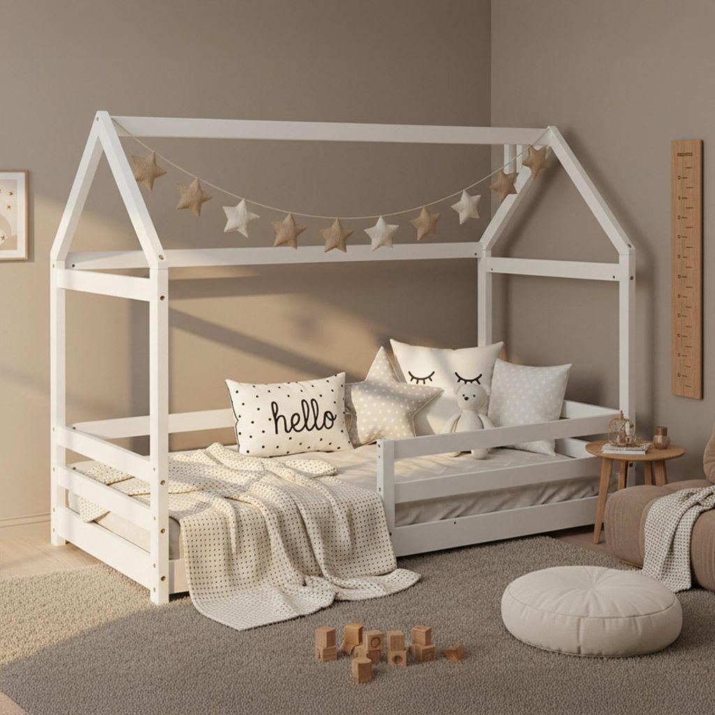Homestyle4u Kinderbett Weiß Hausbett mit Rausfallschutz 80x160 cm Bodenbett Montessori Bett Bettenhaus Matratze Lattenrost