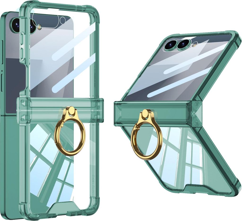Hülle für Samsung Galaxy Z Flip 7 Transparente Stoßfest Schutzhülle Eingebauter Displayschutz mit Scharnierschutz und Ring Grün