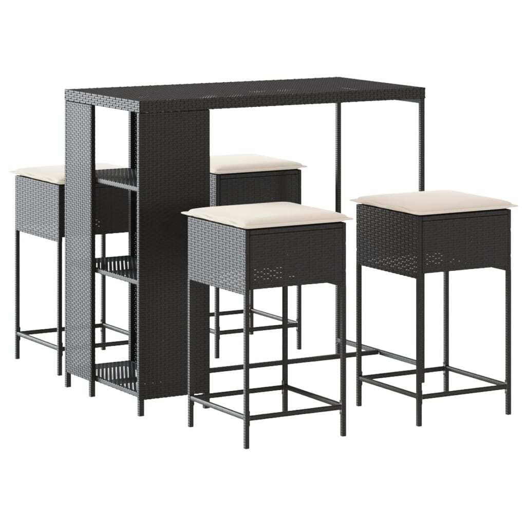 vidaXL 5-tlg. Gartenbar-Set mit Kissen Schwarz Poly Rattan