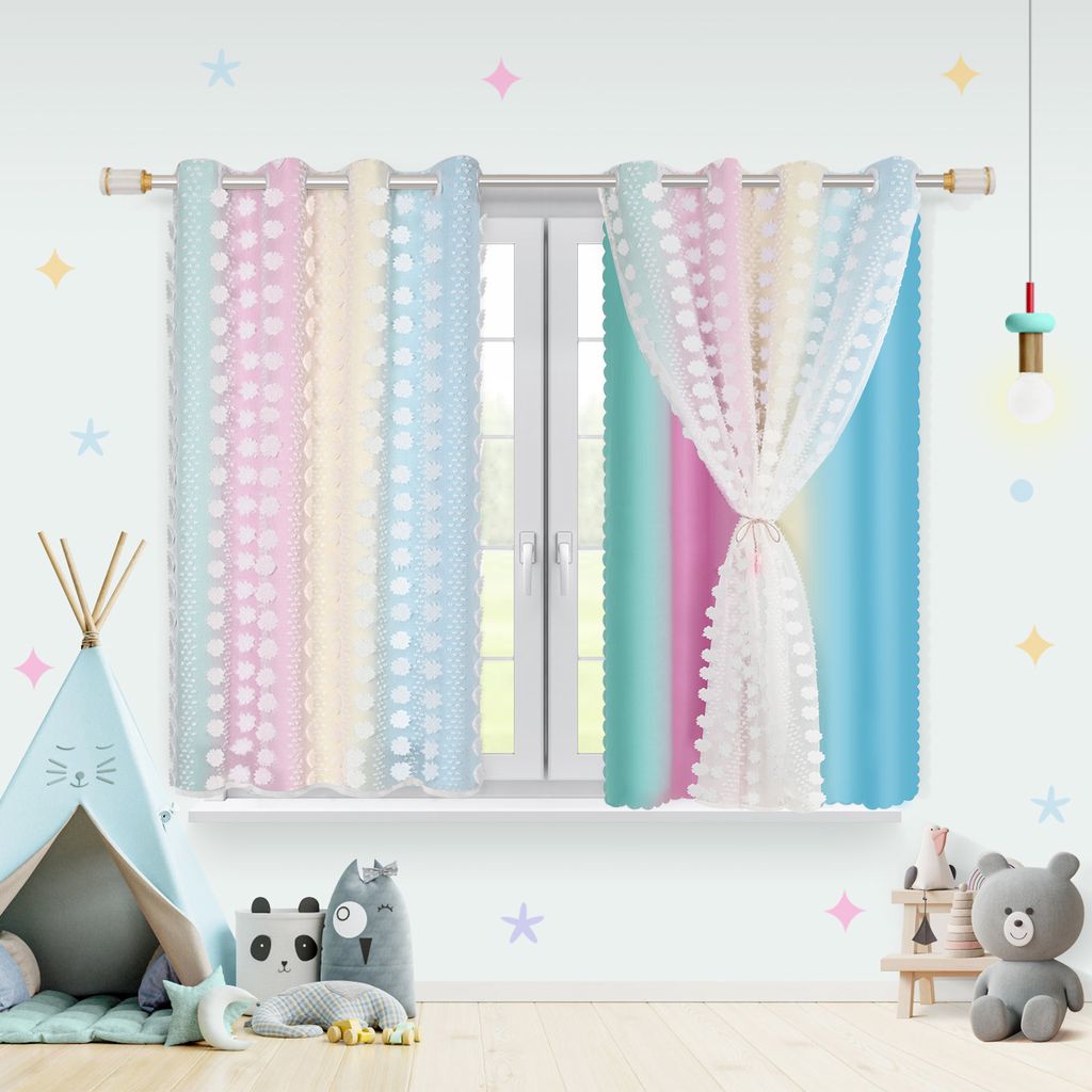 2 Stück Fertiggardinen 132x160cm Kindervorhang Ösen Gardinen mit PomPom Doppelschichtige Kinderzimmer Vorhänge,Baby Gardinen,Macaron-Blau