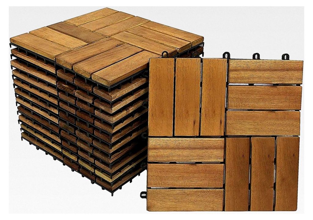 Spar-Set Holzfliese für 3 m², Terrassenfliese aus Akazienholz, Fliese mit 12 Latten für Garten, Terrasse und Balkon, Bodenbelag mit Drainage-Unt...