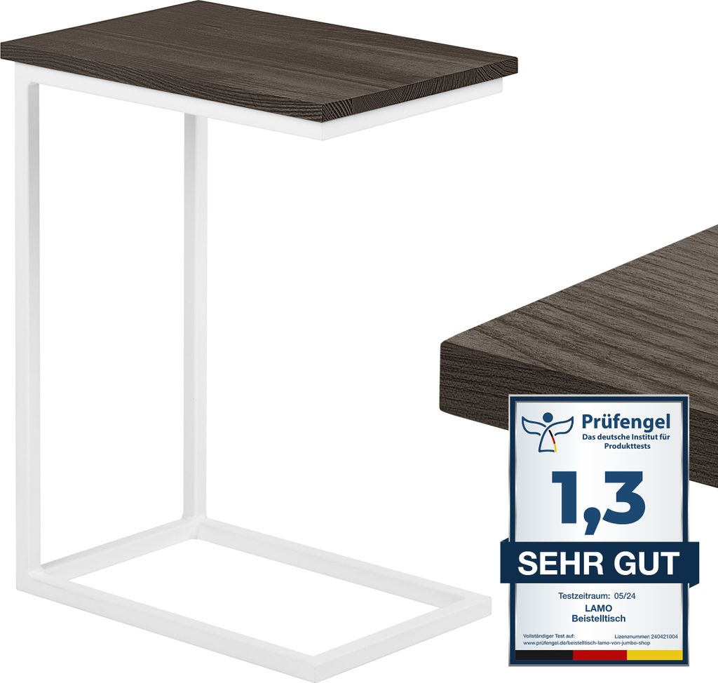 LAMO Manufaktur Beistelltisch | Laptoptisch | Sofatisch | mobiler Kaffeetisch | Nachttisch | 45x30x60 cm | Gestell Weiß | 100% Echtholz Massiv Pla...