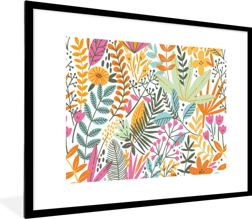 MuchoWow Gerahmtes Poster Sommer - Blätter - Pflanzen - Weiß 80x60 cm - Poster mit Schwarzem Bilderrahmen Wandposter Rahmen Foto Bilder - Schla...