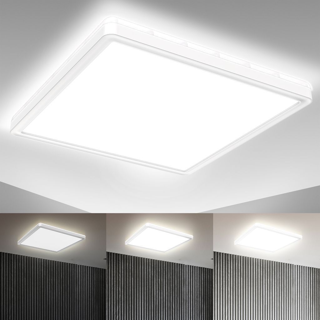 A collage showing a square LED panel light in different lighting conditions and settings.