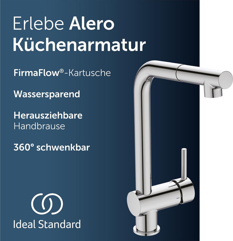 Ideal Standard Alero Küchenarmatur, ausziehbare Brause, wassersparend – Chrom