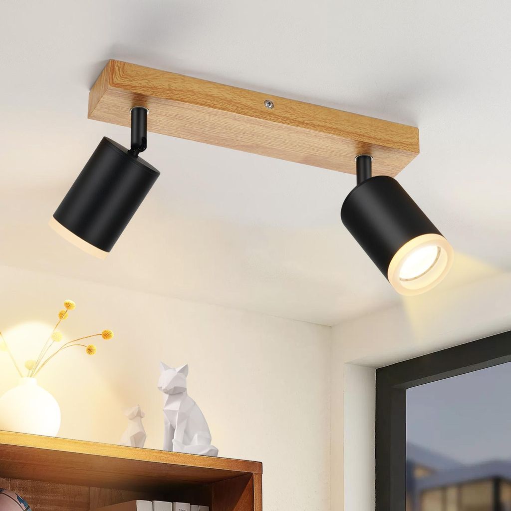 ZMH Deckenstrahler Schwarz 2 Flammig - Küchenlampe GU10 Holz Wandstrahler 350°Drehbar Vintage Flur Strahler Retro Industrial Ohne Leuchtmittel