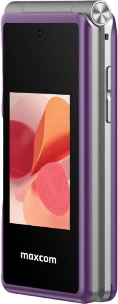 A close-up, angled view of a purple and silver Maxcom mobile phone.