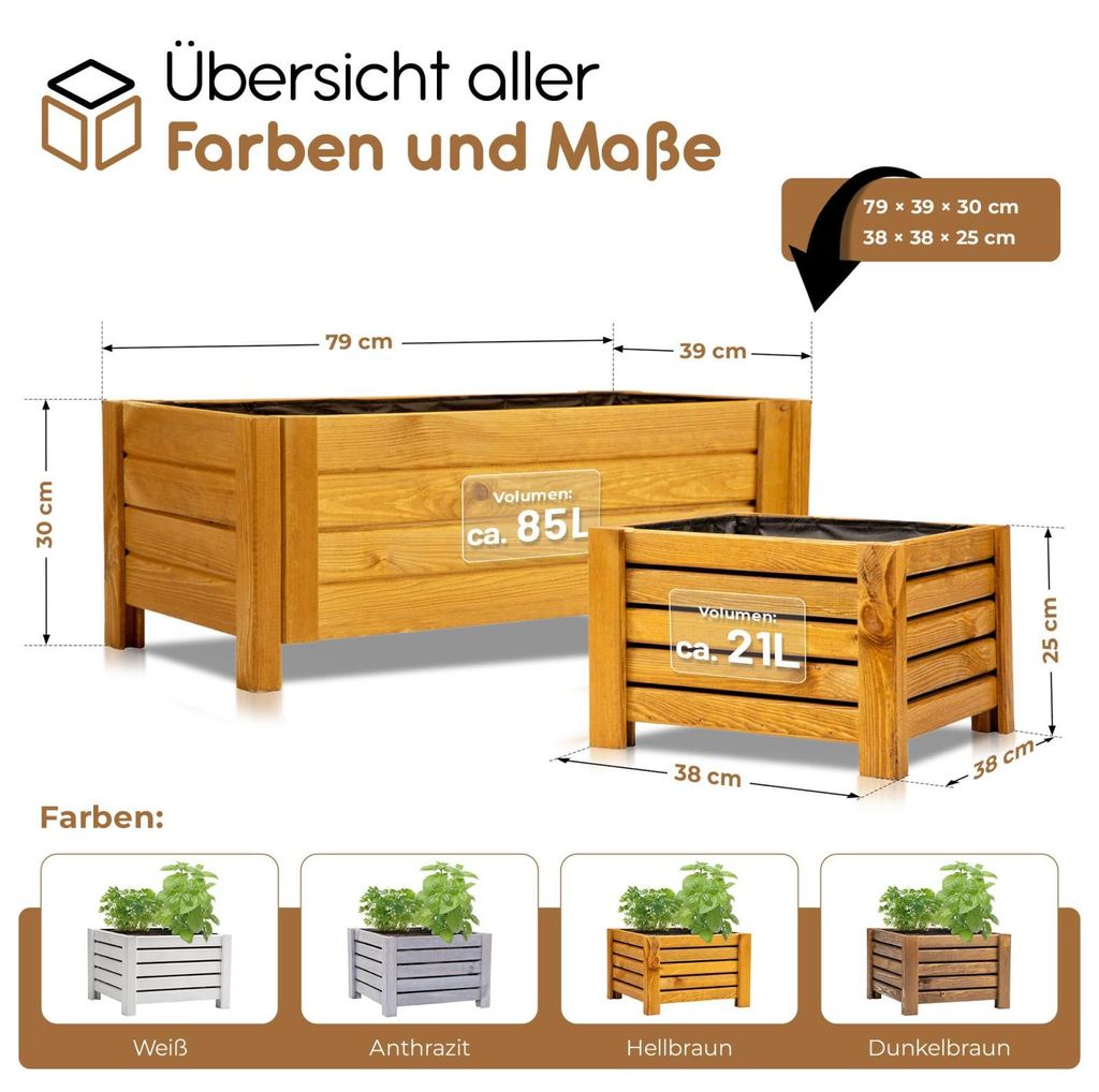 Blumenkasten Holz Hellbraun 79x39x30cm - 4 Farben & 2 Gren