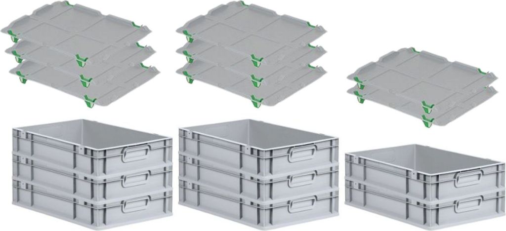 SuperSparSet 8x Eurobox NextGen Economy mit Auflagedeckel und 4x Schiebeschnappverschlüsse Grün | Griffe geschlossen | HxBxT 12x40x60cm | 23 Lite...