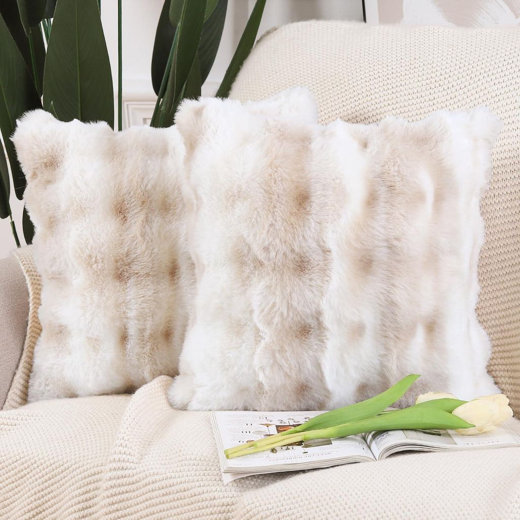 Set aus 2 weichen, flauschigen Dekokissenbezügen aus kurzem Wollsamt im n Stil für Sofa und Schlafzimmer, weiß/beige, 65 x 65 cm