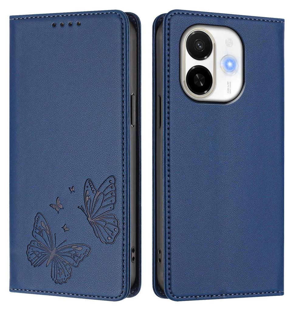 Lederhülle für Tecno Spark 30C 5G/Pop 9 5G, Schmetterling Prägung Leder Brieftasche Schutzhülle mit Ständer Dunkelblau