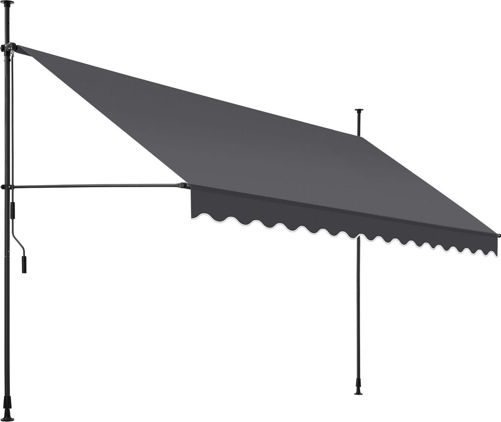 A dark gray awning extended from a support pole, with a crank mechanism visible on the pole.