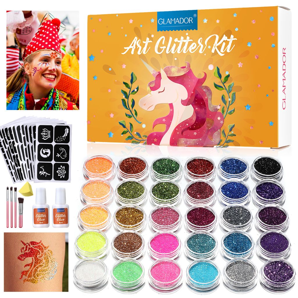 Kleber GlitzerTattoo Set für Mädchen & Jungen inkl 50 Schablonen & 12 Farben 