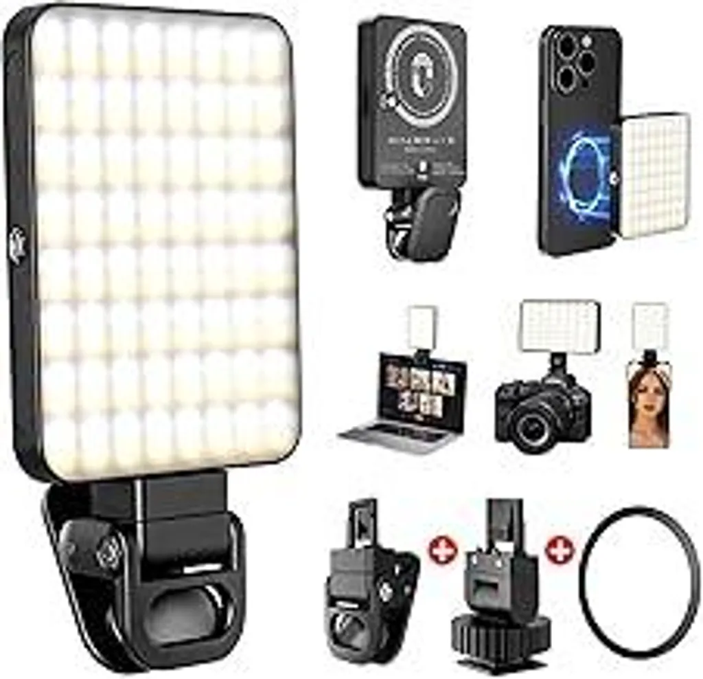 Luce magnetica per selfie a 128 LED, 3000K-6500K, 3 modalità di illuminazione, luce per cellulare con batteria da 2000 mAh, luce video con morsetto, supporto per telefono, CRI 95+, luce fotografica per iPhone, iPad, fotocamera, laptop, TikTok, fotografia vlog.