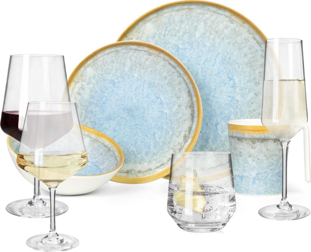 Melamin Camping Geschirr Set 4 Personen Crystal Blue + 16 Milano Gläser Wassergläser Weingläser Champagner-Gläser Flûtes Tafelgeschirr Picknic...