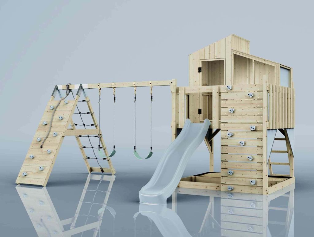 OutdoorToys Spielturm Finn aus Holz in Blau Kinderschaukel