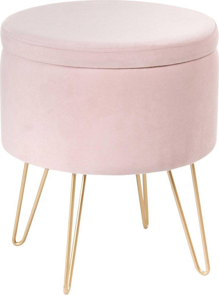 BELIANI Pouf Pastellrosa Samt 42 cm mit Stauraum Goldenen Beinen Rund Modern Glamourös Sitzhocker Ottoman Fußhocker Schemel für Wohn- u. Sch...