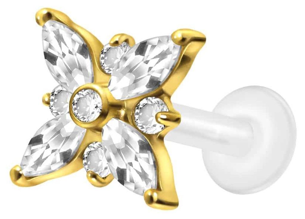 Ohrpiercing, Nasenpiercing PTFE Labret mit Innengewinde + Titan-Aufsatz KRISTALLSTERN Gold Stablänge: 9mm | Stabstärke: 1,2mm