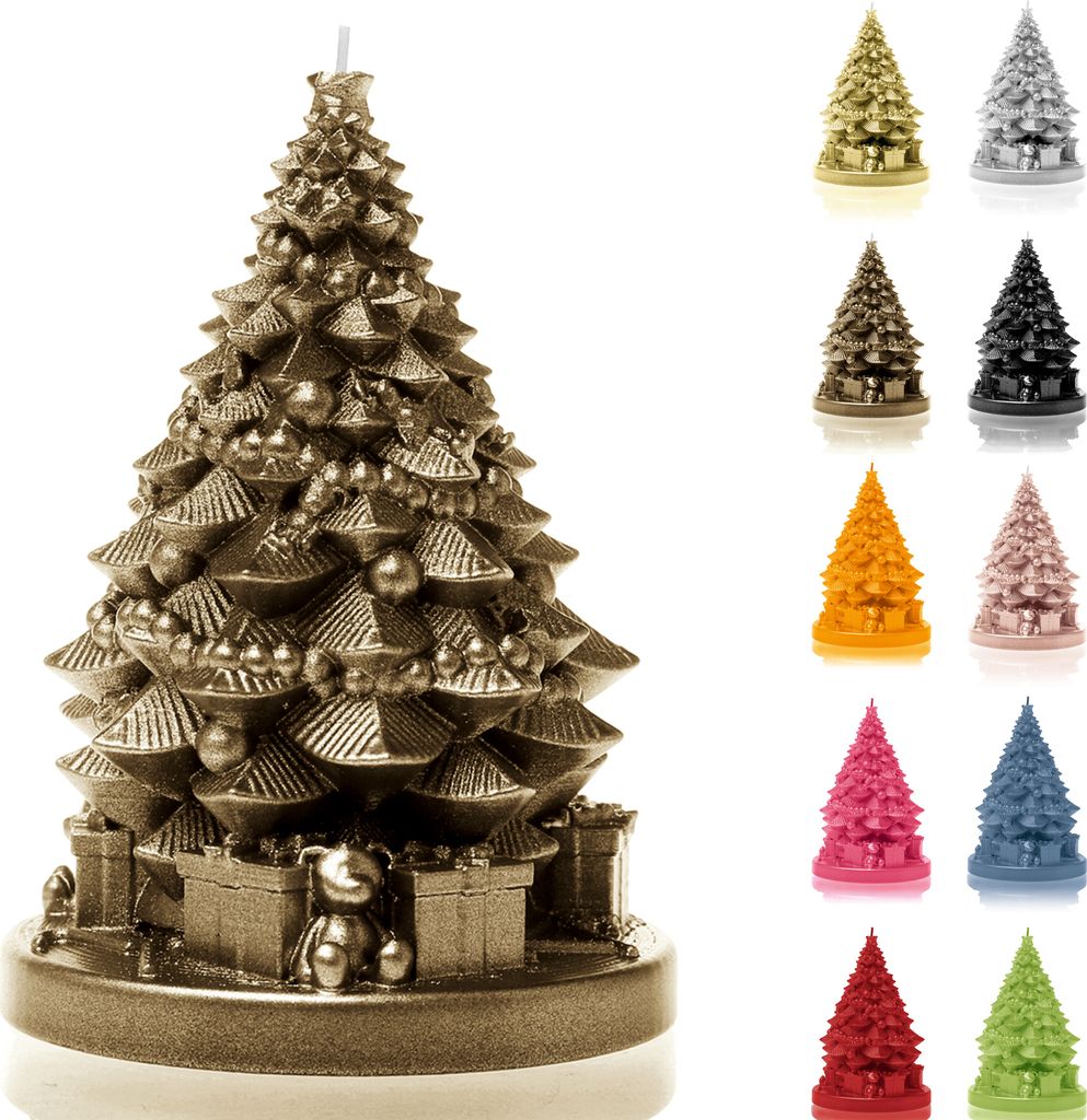 Candellana Kerze Weihnachtsbaum mit Geschenken | Höhe: 16 cm | Messing | Brennzeit 35h | Weihnachten | Handgefertigt in der EU