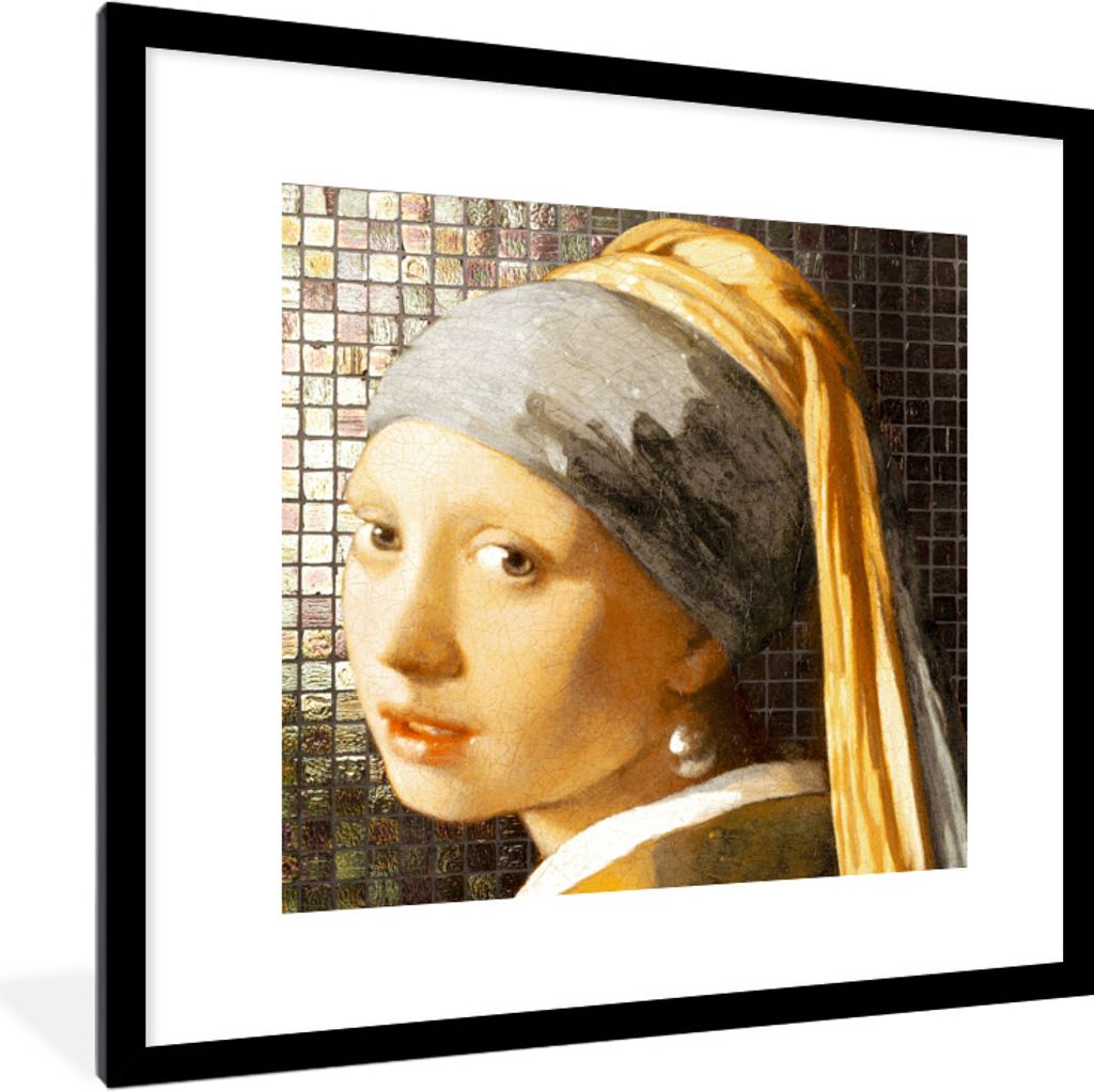 MuchoWow Gerahmtes Poster Alte Meister - Mädchen mit Perlenohrring - Kacheln 40x40 cm - Poster mit Schwarzem Bilderrahmen Wandposter Rahmen Foto...