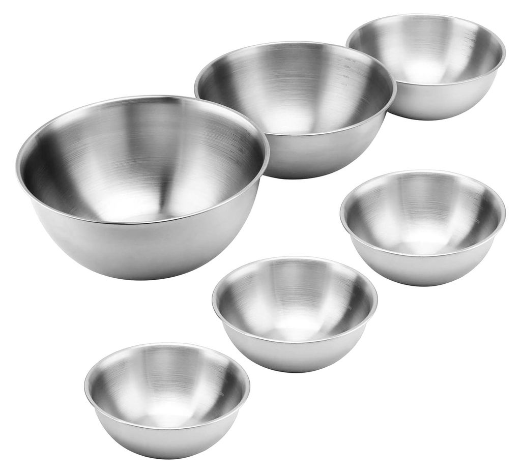 6-teiliges Metallschüssel-Set, Edelstahl-Schüsseln in 4 Größen von 800 ml, 1200 ml, 1800 ml, 2200 ml, spülmaschinenfest mit Skala, Rührschüs...