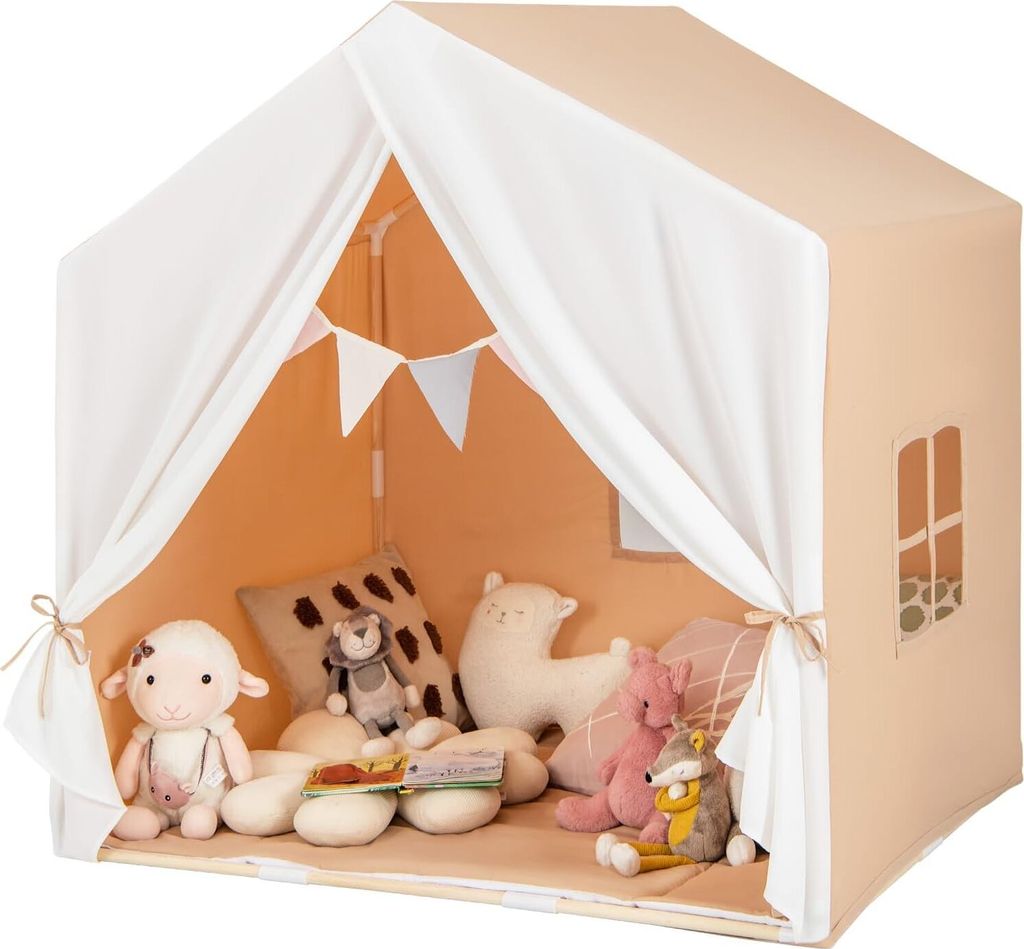 Kinderzelt mit Matte und Girlande, Kinder Spielhaus Indoor mit Fenstern & Vorhang, Tipi Zelt, Kinder Spielzelt mit Massivholzrahmen (Hellbraun + We...