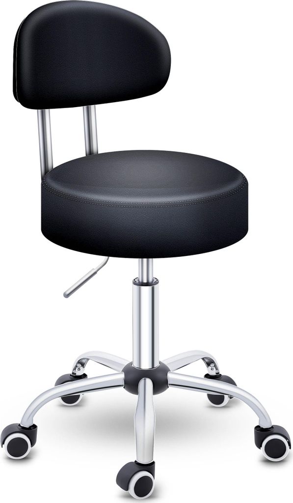 A black rolling stool with a backrest is shown against a white background.