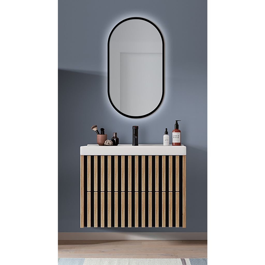 Badmöbel Set mit LED Spiegel und 80 cm Waschtisch LUCCA-107 in Eiche Nb. mit Lamellenfronten, B/H/T: ca. 81/200/46 cm