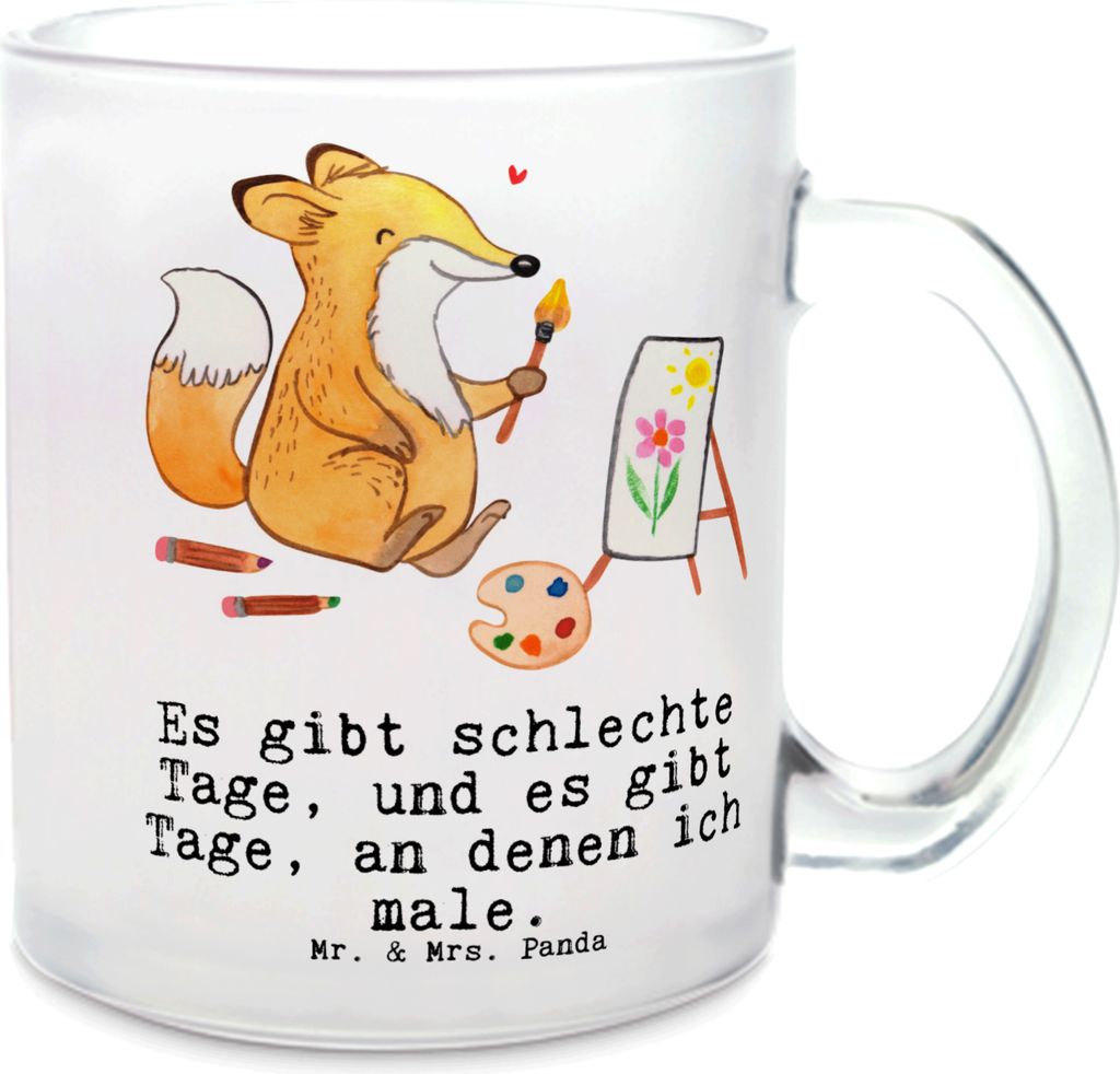 Mr. & Mrs. Panda Teeglas Fuchs Malen - Transparent - Geschenk, Teetasse, Trinkglas, Künstlerin, aus Glas, Zeichnen, Künstler, Häferl, Motivtasse...