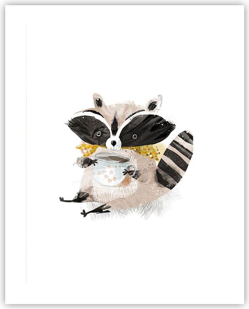 Poster - Poster ohne Rahmen - Waschbär Tasse Kinder - 40x50 cm - Wand Bild - Wanddeko - Wandbilder - Kunstposter - Wandposter - Bilder - Kunstdruc...