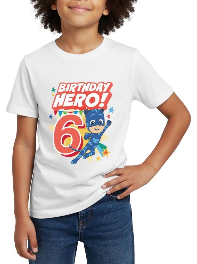 Spreadshirt PJ Masks Catboy Birthday Hero 6. Geburtstag Kinder T-Shirt, 122/128 (7-8 Jahre), Weiß