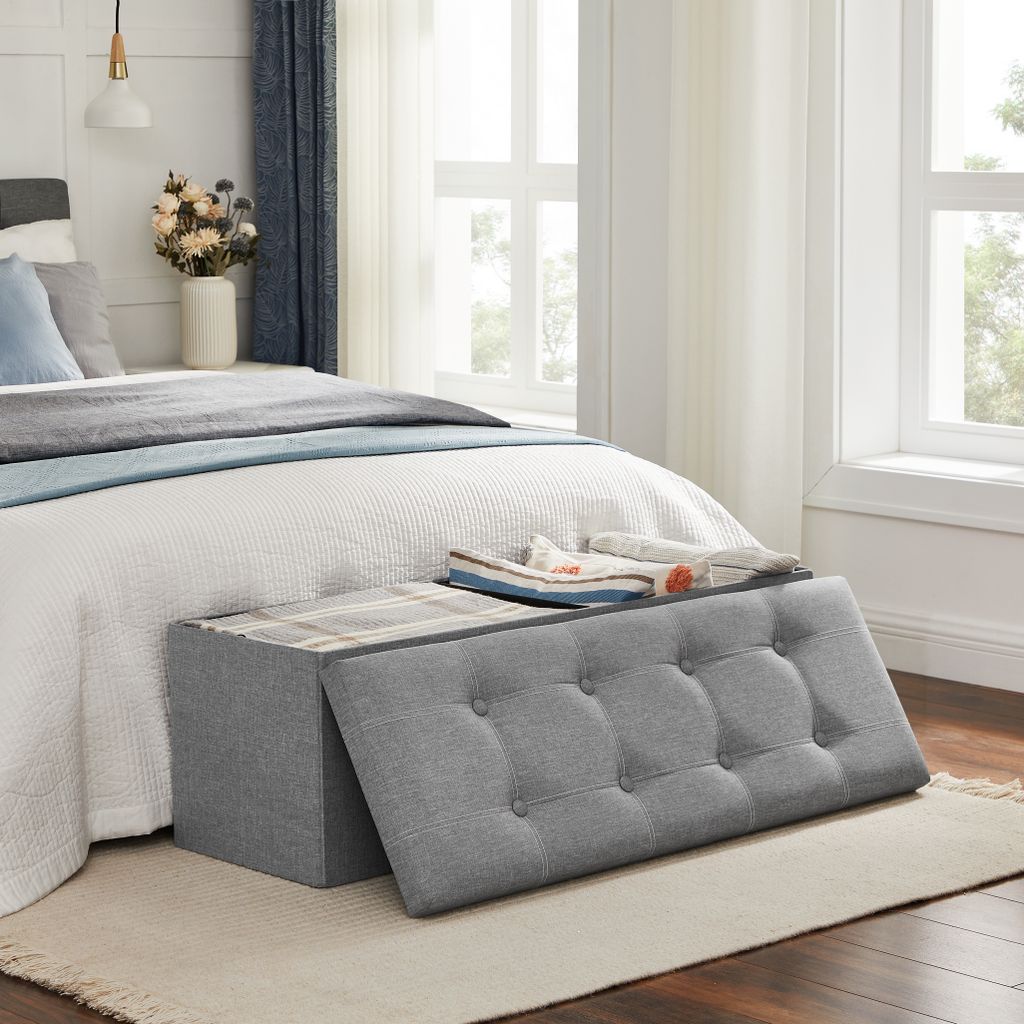 SONGMICS Sitzbank mit Stauraum, Sitztruhe, Sitzhocker, faltbar, 110 x 38 x 38 cm, Bezug aus Leinenimitat, für Schlafzimmer, Flur, Wohnzimmer, hell...