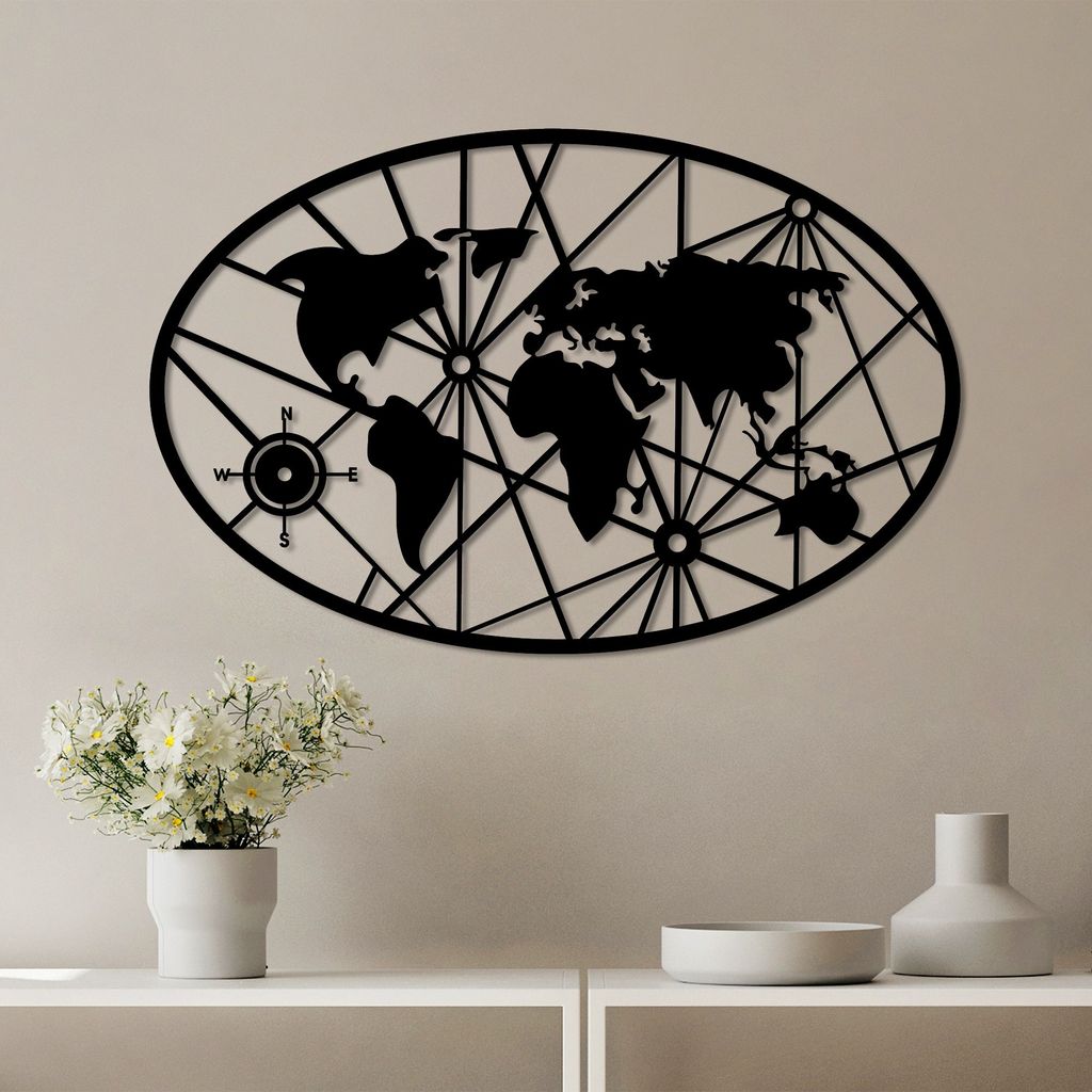 Wallity, World Map 8-L v2, Dekoratives Wandaccessoire aus Metall, 100 % METALL, Schwarz, 60 x 92 cm