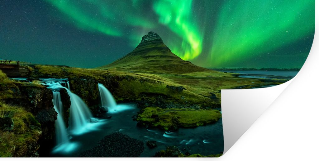 MuchoWow Wandtattoo Wandsticker Wandaufkleber Nordlichter - Wasserfall - Berg - Island 160x80 cm Selbstklebend und Repositionierbar - Sticker - D...