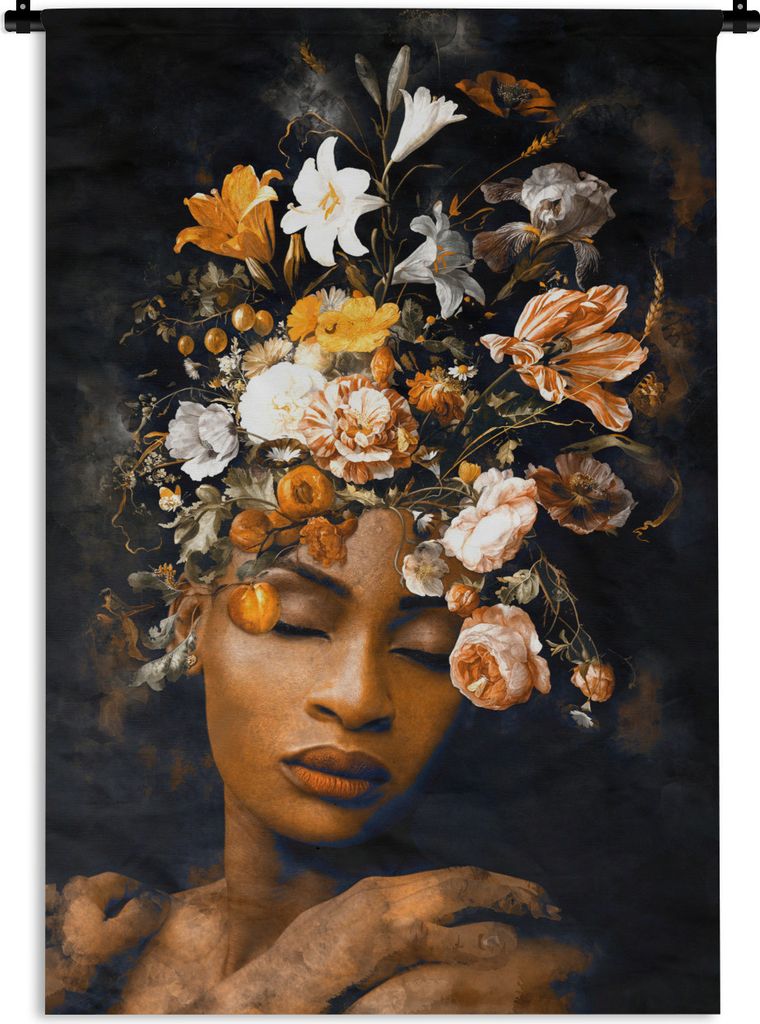 MuchoWow Wandteppich Wandbehang Blumen - Frau - Gold 90x135 cm Tapisserie Dekoration Wandtuch - Baumwolle - Wandskulptur