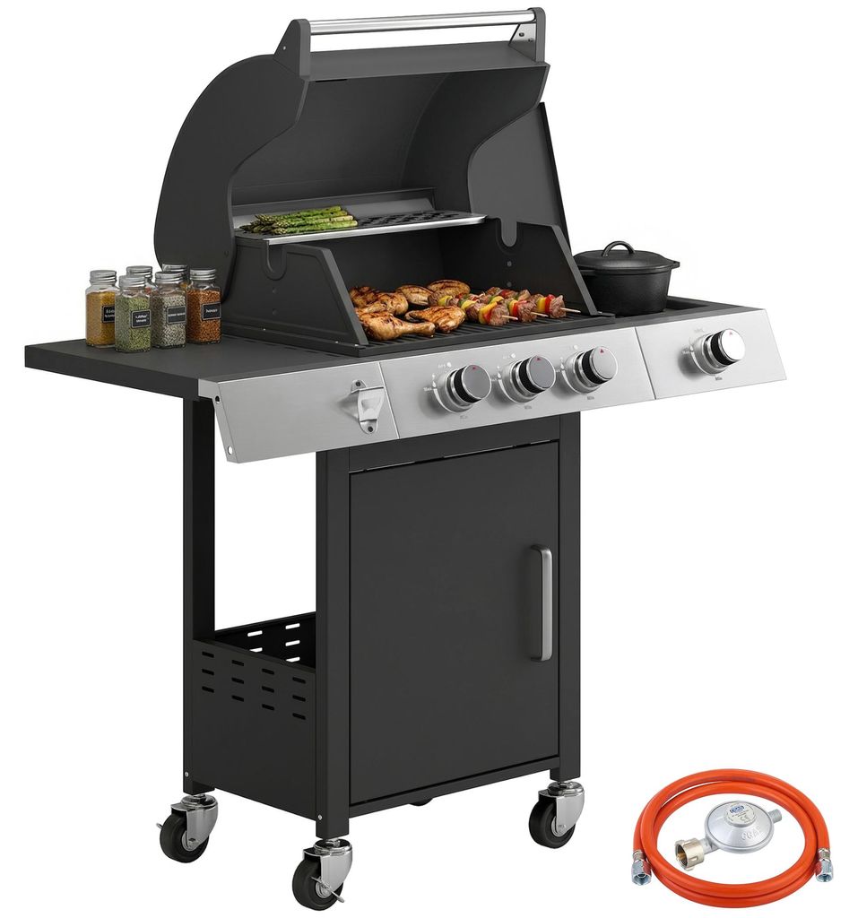 Outsunny Gasgrill 10,5 KW 4 Brenner BBQ Grillwagen Edelstahl inkl Seitenbrenner