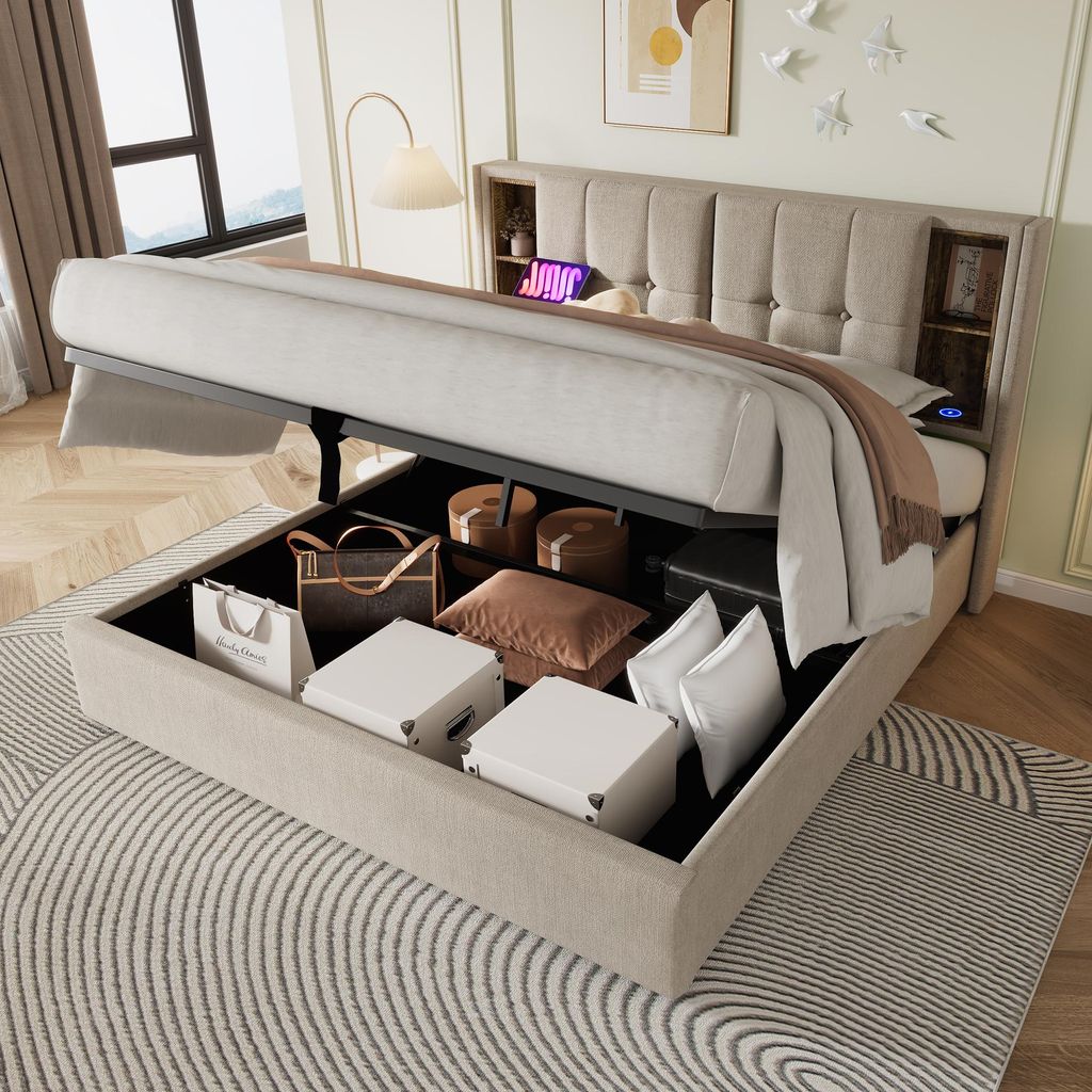 Polsterbett 180x200 cm mit Lattenrost, Bettgestell mit Stauraum & Gasdruckfeder, Wireless Charging & USB-C, 300kg Belastbar, Natur Baumwolle