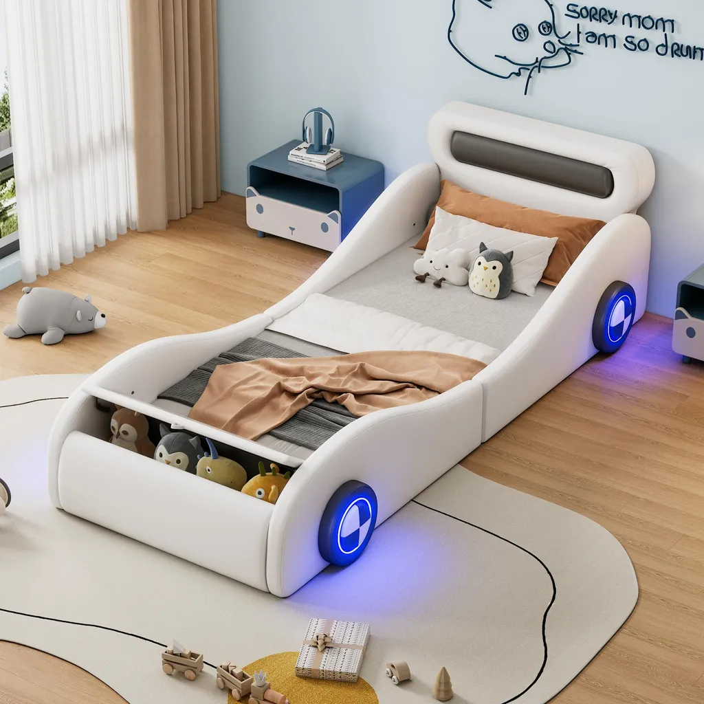 Sweiko Lit rembourré 90x200cm blanc en PU design voiture avec LED