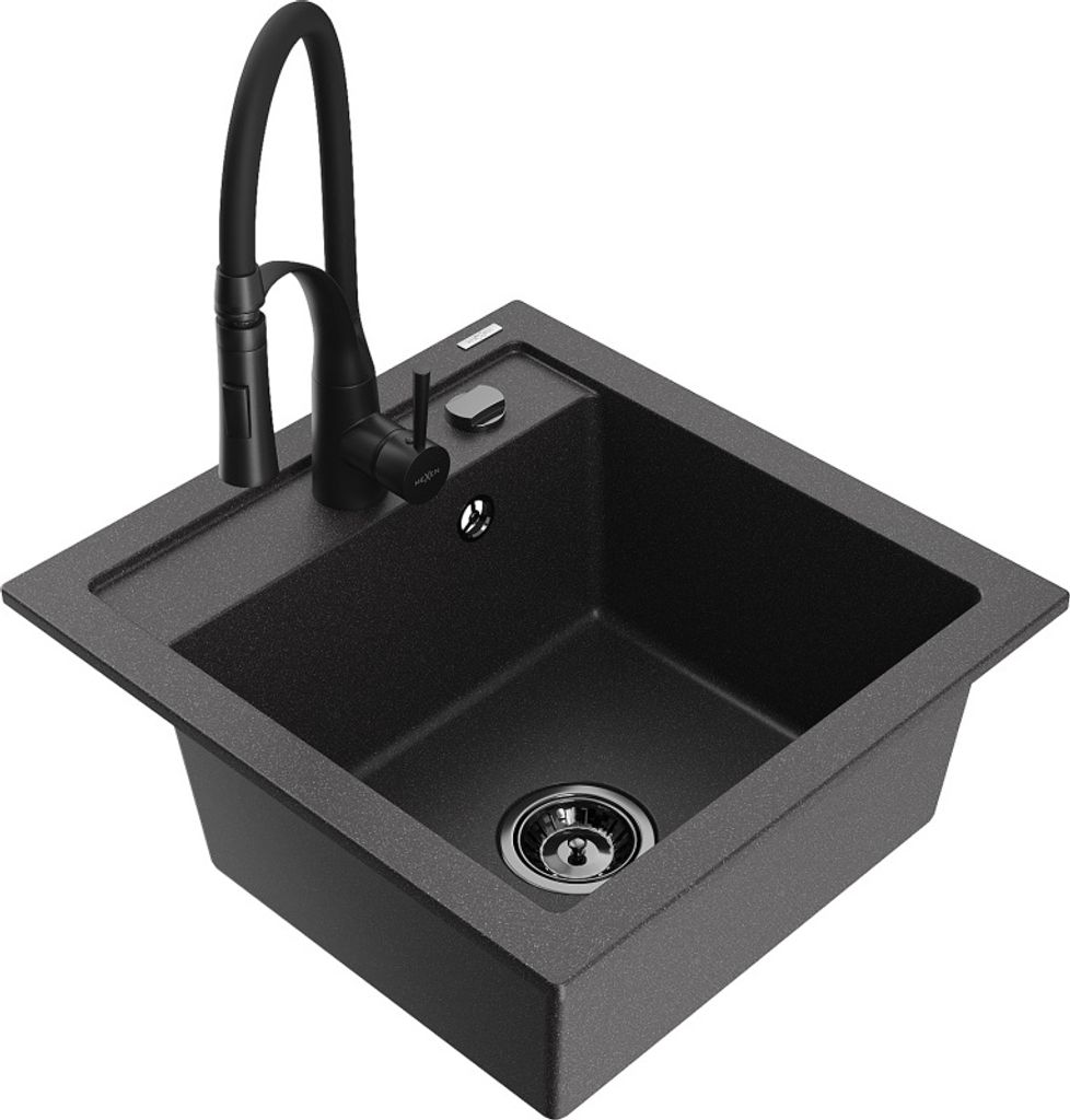Mexen Vito 1-Becken-Granit-Spüle mit Mischbatterie Aster, Schwarz gesprenkelt - 6503-76-73450-70-B