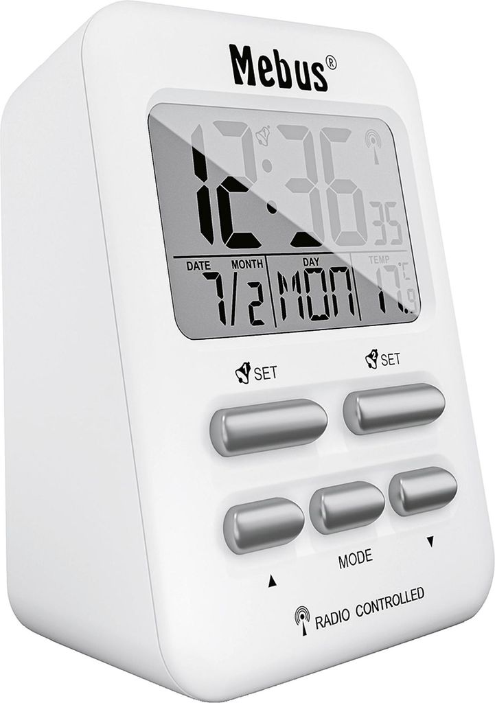 MEBUS Funkwecker 6,9x9,6x4,5cm digital weiß