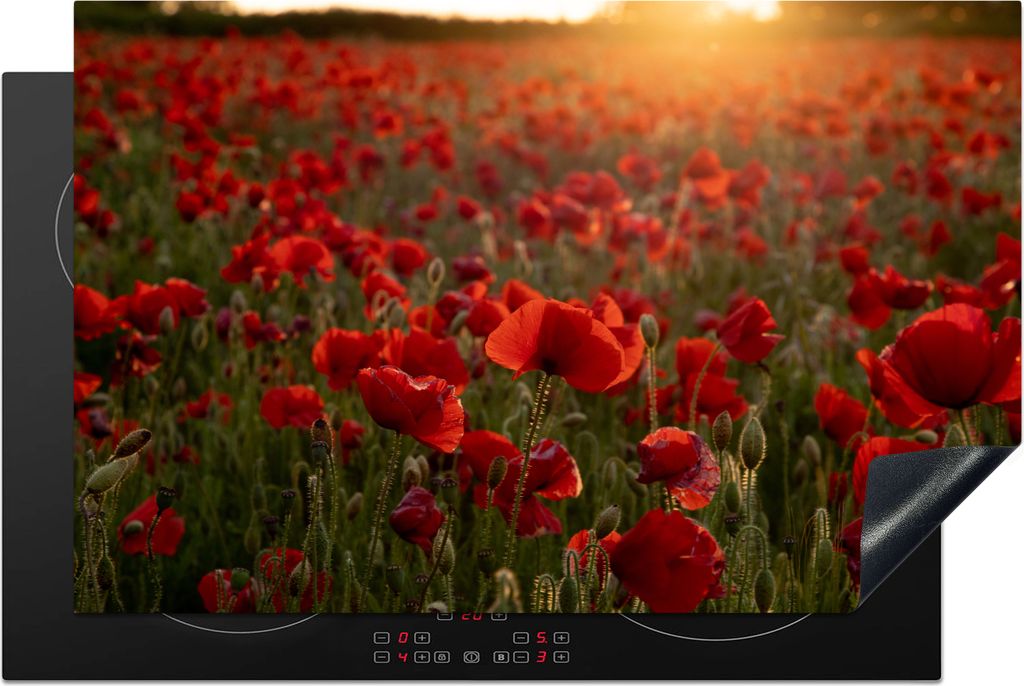 KitchenYeah Herdabdeckplatte Blumen - Mohn - Rot , 80x52cm, Küche Deko, Glaskeramikkochfeld Herdabdeckung, Abdeckplatte fùr Kochfeld