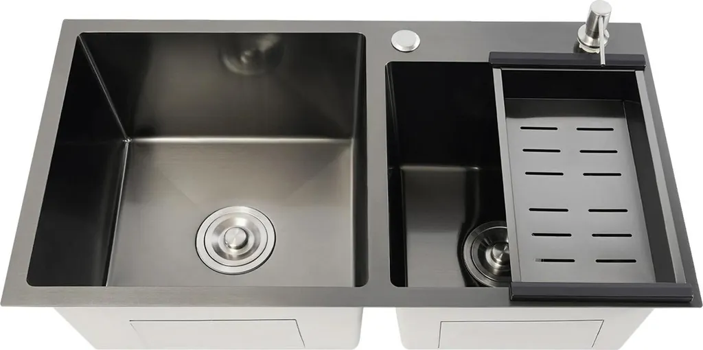 Évier de Cuisine Inox 304 Noir 2 Bacs avec Distributeur Savon 78x43 cm