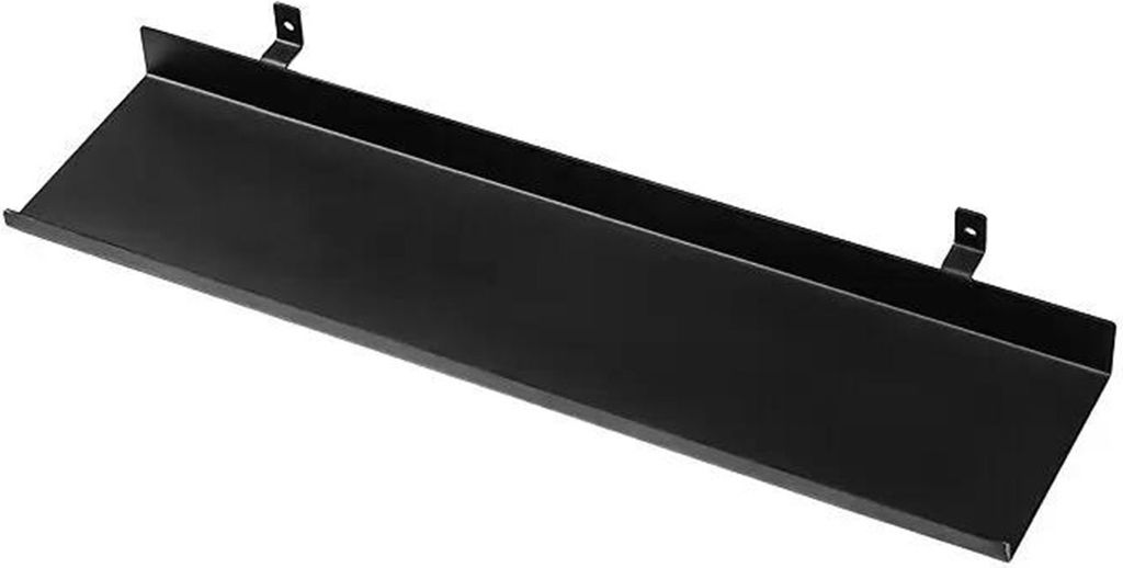 A black shelf with mounting brackets, shown against a white background.