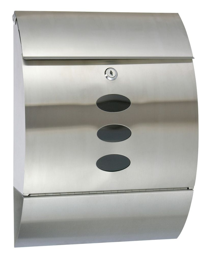 A stainless steel mailbox against a white background.