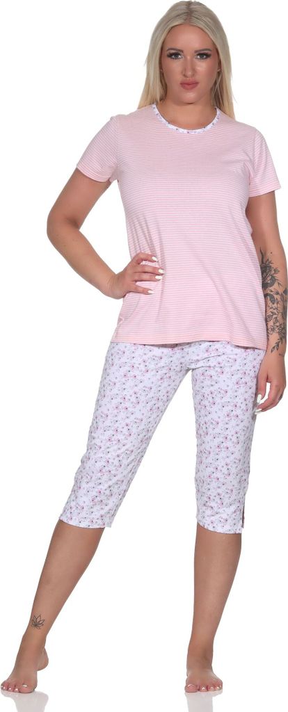 Floraler Damen Capri Pyjama Schlafanzug mit Streifen, 3/4 Hose & Rundhals ; rosa , 48-50