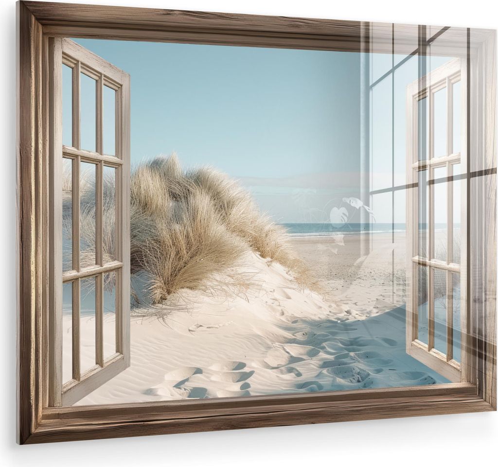 MuchoWow Glasbilder - Bilder auf Wandbild - Foto auf Glas Aussicht - Hochgras - Dünen - Meer - Landschaft 80x60 cm Wanddekoration aus Glas - Acryl...