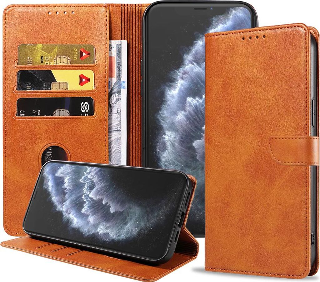 Geschikt voor iPhone 11 Pro Max Telefoonhoesje Kunstleer met Magnetisch lipje en Pasjeshouder Book Case met Klepje - Bruin - Smartphonica