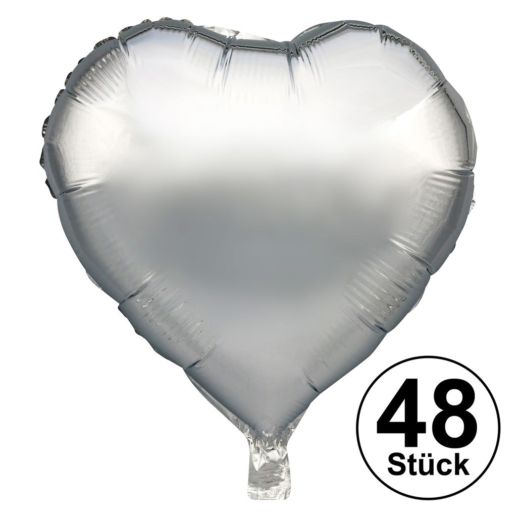 48x Folienballon "Herz", silber, ca. 45cm, Luft- und Heliumfüllung, Hochzeit, Polterabend, Liebe, Helium, Deko